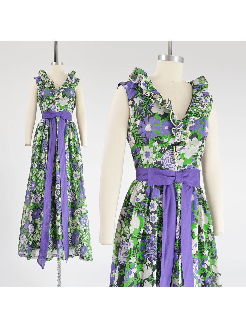 Vintage 70s Miss Elliette Floral Cotton Voile Ruffle Maxi Dress Bow size XS S